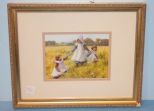 Print of Three Girls in Field Picking Flowers Print of Three Girls in Field Picking Flowers