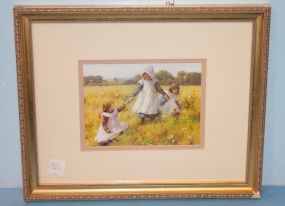 Print of Three Girls in Field Picking Flowers Print of Three Girls in Field Picking Flowers