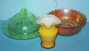 Merigold Carnival Bowl, Small Amber/yellow Case Glass Pitcher, Green Depression Glass Butter Dish Merigold Carnival Bowl 6
