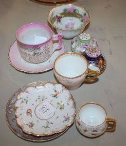 Merry Christmas Cup and Saucer, Two Saucers, Three Cups, Two Shakers All Porcelain.