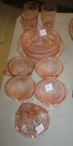 Pink Depression Glass Three sherbets, candlestick, three footed bowl 6