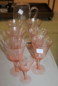 Etched Glass Pitcher, Six Pink Etched Glasses, Pink Etched Liquor Glass Etched Glass Pitcher, Six Pink Etched Glasses, Pink Etched Liquor Glass (chips).