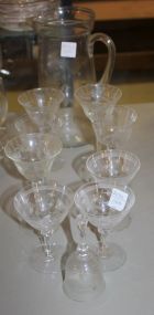 Etched Glass Pitcher, Nine Small Etched Wine Glasses, 25th Anniversery Bell Wine Glasses-4