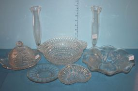 Various Clear Glass Pieces Including Butter Dish, Two Bad Vases, Iris Bowl, Clear Bowl Clear Bowl