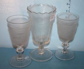 Etched Glass Celery/Spooner And Two Frosted Glass Wine Glasses Etched Glass Celery/Spooner And Two Frosted Glass Wine Glasses