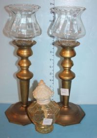 Pair Brass Candlesticks With Glass Shades, Glass Bottle Candlesticks: 10