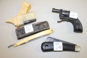 Antique Kabar Razor Blade, Pocket Knife and Small Pistol Antique Razor Blade, Pocket Knife and Small Pistol (missing cylinder pin).