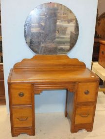 1940's Vanity Depression Era Vanity with Round Mirror, Center Drawer and Three Drawers on one Side