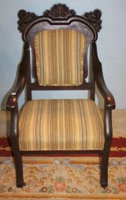 19th Century Mahogany Arm Chair Carved mahogany 19th century arm chair with empire scroll arms, velvet upholstery, original finish matches previous lot. 24