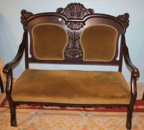 19th Century Mahogany Settee Carved mahogany 19th century settee with scroll empire arms, green velvet upholstery, original finish. 48