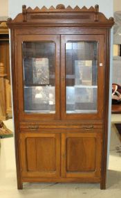 20th Century Oak Cabinet Two Door Glass Oak Kitchen Cabinet with Center Drawer, Two Lower Doors, Nice Eastlake Crest on Top, Probably used as Pie Safe. 39