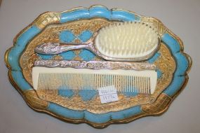 Small Oval Florentine Tray and Silverplate Brush and Comb Tray: 11