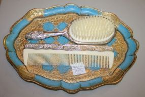 Small Oval Florentine Tray and Silverplate Brush and Comb Tray: 11