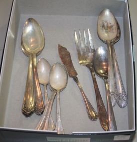 Box Lot of Silverplate Includes 11 serving spoons, meat fork, four teaspoons, butter knife