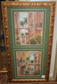 Two Prints of Courtyards in Frame 13