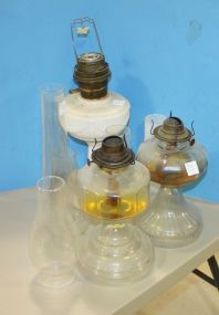 Two Glass Oil Lamps and White Glass Aladdin Lamp, Five Shades Two Glass Oil Lamps and White Glass Aladdin Lamp, Five Shades
