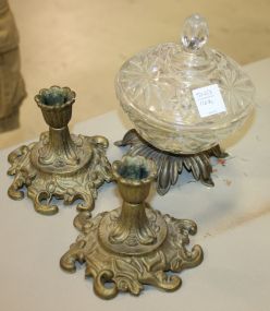 Pair Metal Candlesticks and Glass Covered Dish Dish: 5