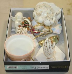 Miscellaneous Box Of Porcelain Including praying hands, angel ornament, figurine.