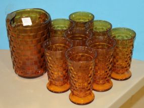 Depression Amber Glass Pitcher and 8 Glasses Depression Amber Glass Pitcher and 8 Glasses