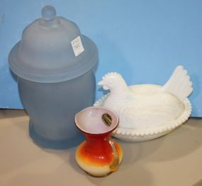 White Milk Glass Hen on Nest, Blue Satin Glass Jar, Glass Pitcher White Milk Glass Hen on Nest, Blue Satin Glass Jar 10