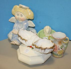 Five Vintage Ceramic Pieces Include box, angel, vase, divided dish, covered rabbit dish.