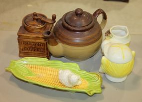 Teapot Collection Ceramic Teapot, cat head creamer and sugar, ceramic lamb, corn cob holder, ceramic coffee grinder.
