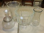 Glass Items Four glass pieces, two vases, press glass decanter, compote.