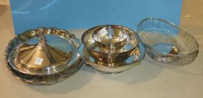 Various Silverplate Pieces Including Oval Tray, Lid, Four Round Bowls, and Oval Wire Bowl Oval Tray: 16