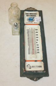 Metal Thermometer and 2 Small Glass Bottles Metal Thermometer and 2 Small Glass Bottles