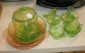 Group of Depression Glass Which includes cookie jar (chips) sherberts, cups, bowl, two sandwich plates, 5 small green plates (various chips).