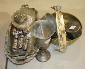 Various Silverplate Trays, Four Shakers, Box, Goblet, and Cracker Holder Various Silverplate Trays, Four Shakers, Box, Goblet, and Cracker Holder