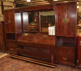 Contemporary King Size Bed Two mirrors in center and cabinets on each side. Cabinets have interior shelves, two bottom drawers.