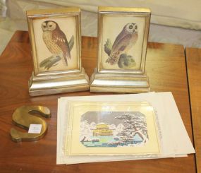 Pair of Owl Bookends and Prints Pair of Owl Bookends and Prints