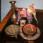 Brass Vase, Trivets, Cloth Elephant, and German Carriage Clock Brass Vase, Trivets, Cloth Elephant 10