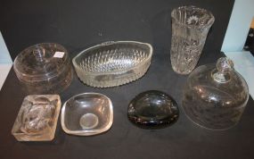 7 Piece Clear Glass including etched glass butter dome, etched candy dish.