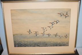 Vintage Watercolor Signed C Gillet of flying ducks 27