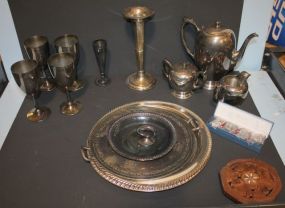 Box Lot of Silverplate Including 3 pcs tea set, trays, vases, four goblets