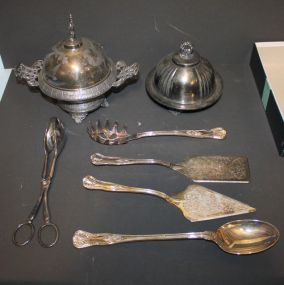 Two Victorian Silverplate covered Batters Two Victorian Silverplate Covered Batters, various serving spoons, tongs.