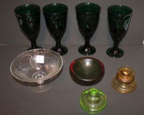 Lot with Four Green Glasses Lot with Four Green Glasses, Candlestick, Compote, Paperweight, 3