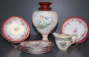 Porcelain Vase, Plates and Pitcher Late 19th century hand painted vase with cherubs 10