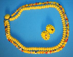 Pair Yellow Glass Earrings and Necklace Pair of yellow glass earrings and matching necklace marked West Germany