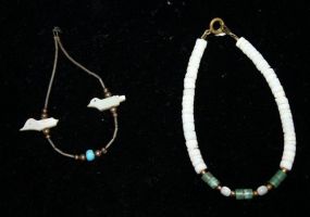 Navajo Pendant silver loops, beads, mother of pearl ducks, turquoise bead and oyster shell Navajo bracelet with mother of pearl