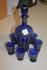 Vintage Cobalt Liquor Set Vintage Cobalt and silver overlay liquor bottle and six bottles.