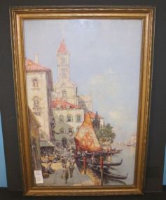 Vintage Print by Arthur V. Diehl American (1853-1929) Artist signed print of boat yard/village.