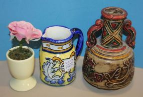 Spanish Pottery Pitcher, Mexican Vase, Egg Cup with Flower Spanish Pottery Pitcher, Mexican Vase, Egg Cup with Flower