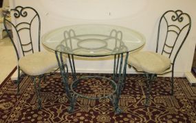 3 pc. Iron and Glass Table Set Black and green painted table and 2 chairs, 42