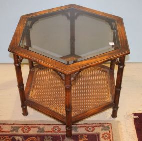 Oak Hexagon Lamp Table Beveled glass top with cane shelf, 29