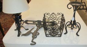 Group of Iron including wall sconce, small lam, candlestick, square planter