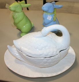 Two Ceramic Rabbits and Goose with Underplate rabbits - 10