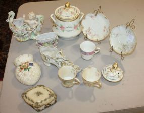 Two Cups and Saucers, Porcelain Shoe, Wall Pocket, Covered Sugar, Vase, and Covered Jar Two Cups and Saucers, Porcelain Shoe, Wall Pocket, Covered Sugar, Vase, and Covered Jar